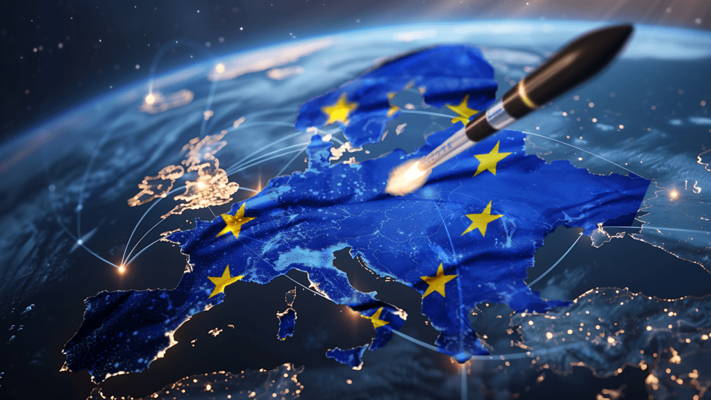 Graphic showing a stylized map of Europe with the European flag over it. RFA ONE is launching to the right picture edge.