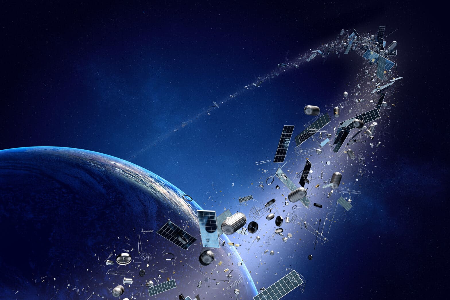 3d render of satellite trash orbiting earth