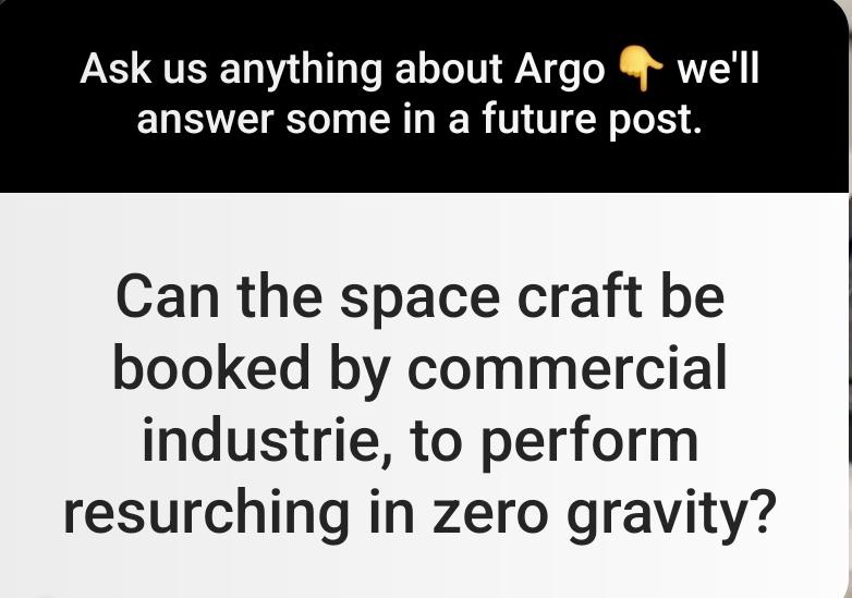 the image shows a screenshot of an instagram story in which an user asked: "can the space craft be booked by commercial industry, to perform resurching in zero gravity?"