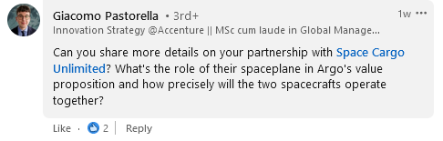 the image shows a LinkedIn comment asking for details on a partnership with Space Cargo Unlimited.