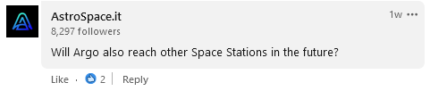 the image shows a LinkedIn comment asking if Argo also will reach other space stations in the future