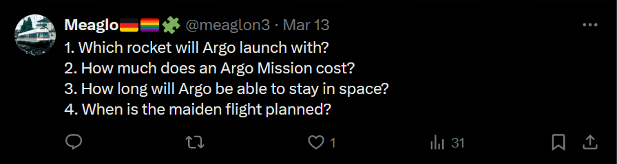 the image shows a twitter comment asking for the launch rocket, mission costs and how long Argo will be able to stay in space