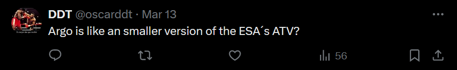 the image shows a twitter comment asking if argo is like a smaller version of the ESA's ATV