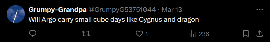 the image shows a twitter comment asking if Argo will carry small cube days like Cygnus and dragon