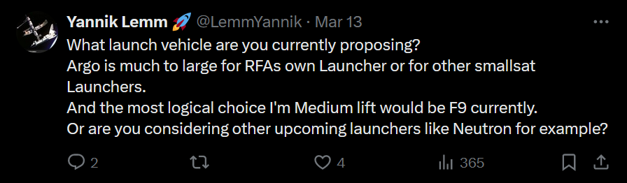 the image shows a twitter comment asking which launch vehicle will be used by RFA