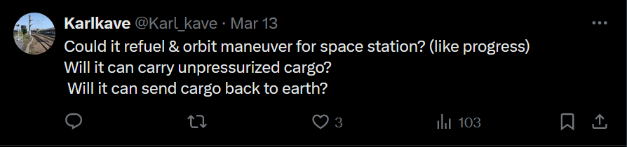 the image shows a twitter comment asking for refuelability at spacestations and cargo transport to earth