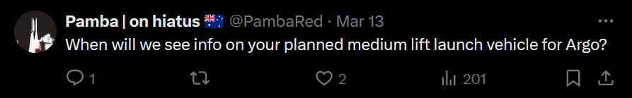 the image shows a twitter comment asking when the community will see information on RFA's planned medium lift launch vehicle for Argo