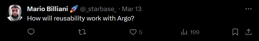 the image shows a twitter comment asking how reusability will work with Argo
