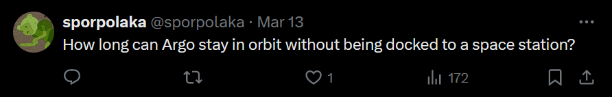 the image shows a twitter comment asking how long Argo can stay in orbit without being docked to a space station