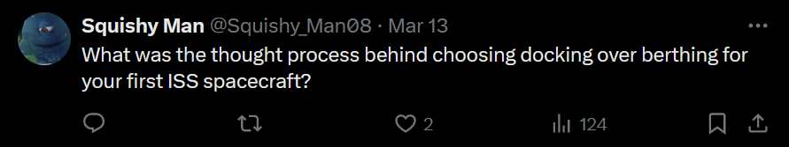 the image shows a twitter comment asking what was the though process behind choosing docking over berthing for RFA's first ISS spacecraft