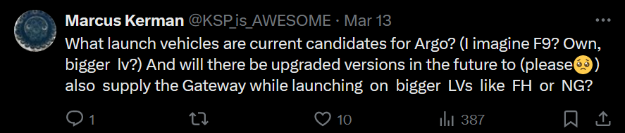 the image shows a twitter comment asking what launch vehicles are current candidates for Argo