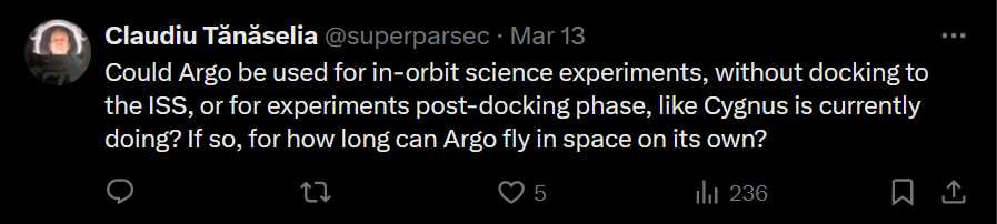 the image shows a twitter comment asking if Argo could be used for in-orbit science experiments, without docking to the ISS