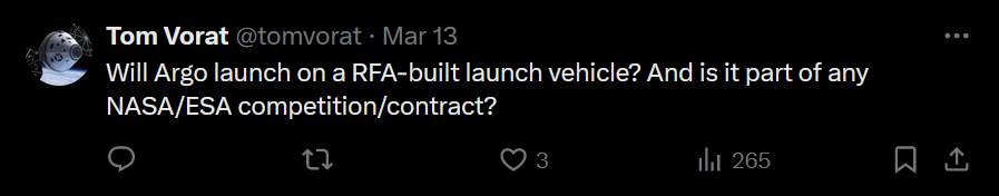 the image shows a twitter comment asking if argo will launch on a RFA-built vehicle and if it's part of a contract