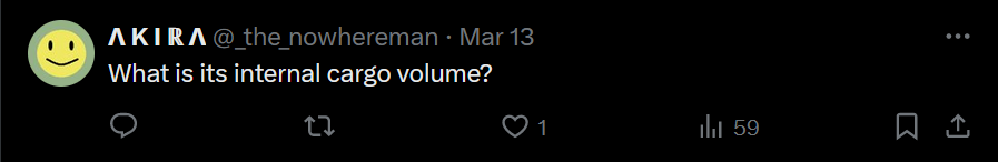 the image shows a twitter comment asking what the internal cargo volume is