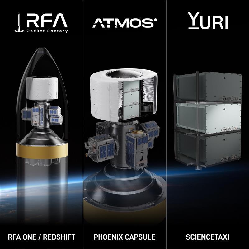 Render of the world's first end-to-end microgravity service by Rocket Factory Augsburg, ATMOS and Yuri.