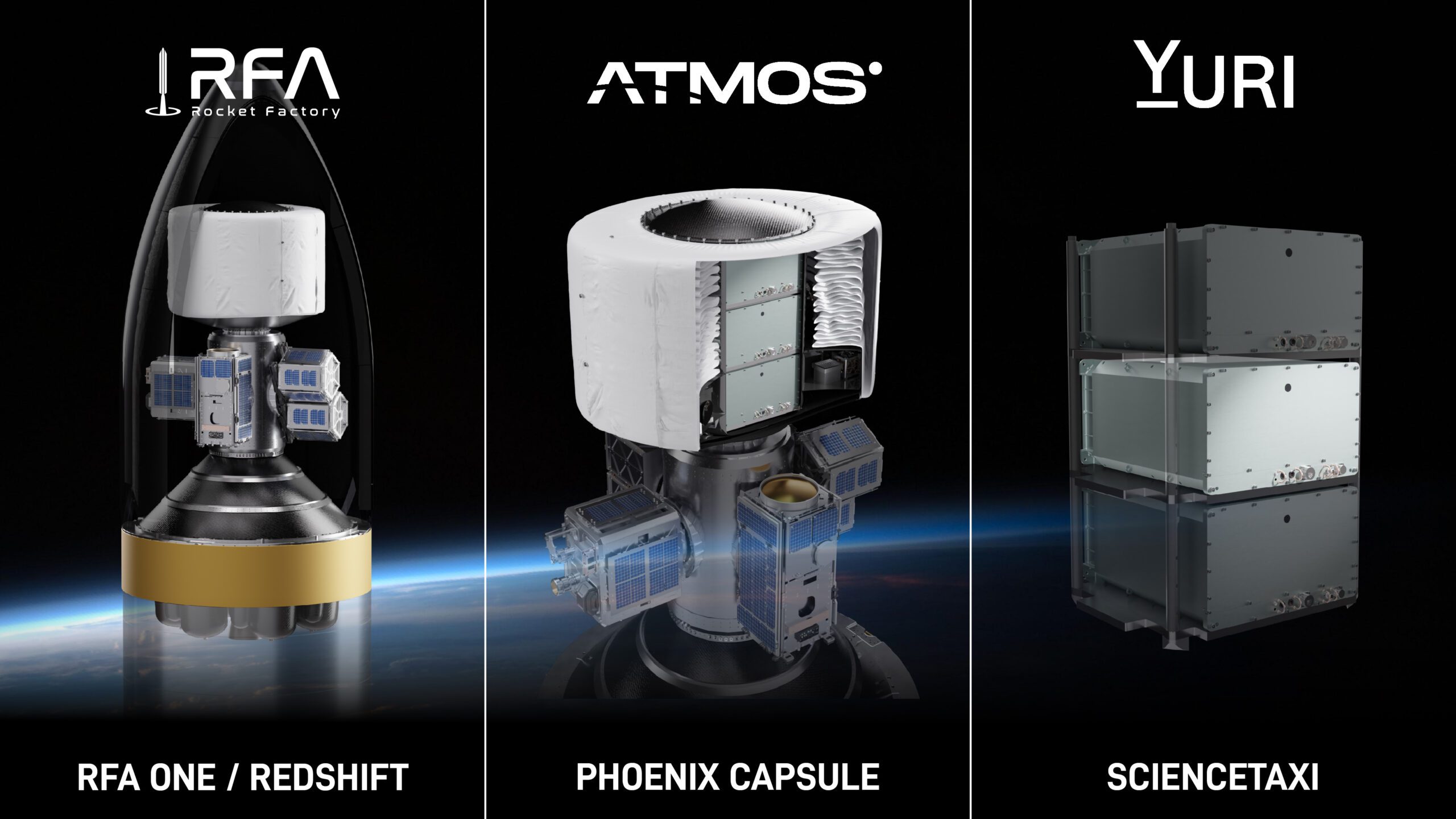 Render of the world's first end-to-end microgravity service by Rocket Factory Augsburg, ATMOS and Yuri.