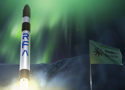 Artist's view of a RFA One smallsat launch vehicle lifts-off from Andøya under the northern lights.